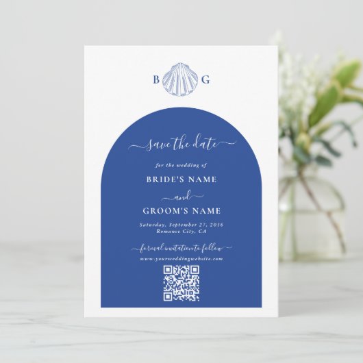 Blue Clam Seashells Coastal Seaside Beach Wedding Save The Date (Stehend Vorderseite)
