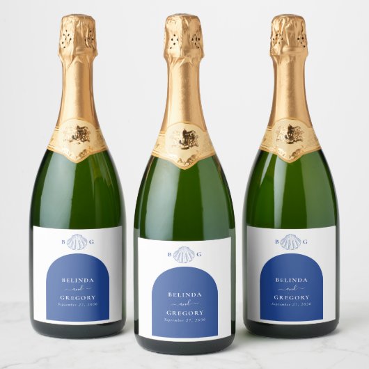 Blue Clam Seashells Coastal Seaside Beach Wedding Schaumweinetikett (Flaschen)