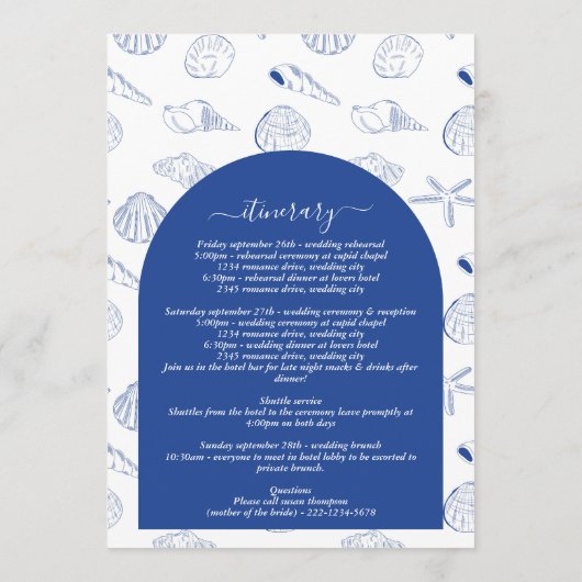 Blue Clam Seashells Coastal Wedding Itinerary Programm (Rückseite)