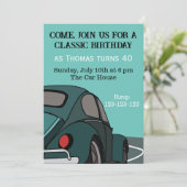 Blue Classic Car Birthday Einladung (Stehend Vorderseite)