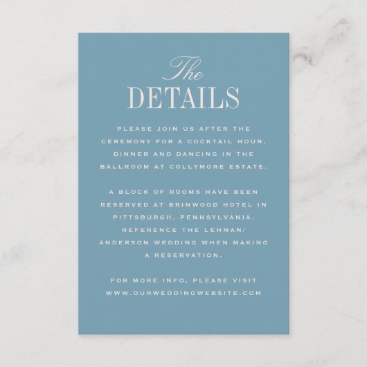 Blue Classic Elegance Wedding Details Begleitkarte (Vorderseite)