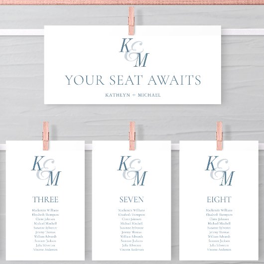 Blue Classic Monogram Seating Chart Card Card Einladung