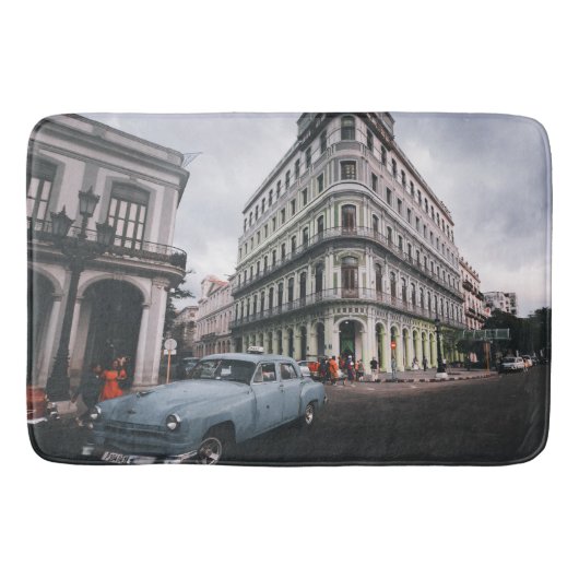Blue Classic Vintage Car Cityscape Badematte (Vorderseite)