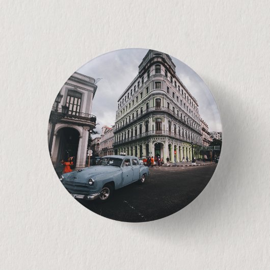 Blue Classic Vintage Car Cityscape Button (Vorderseite)