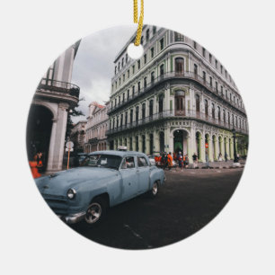 Blue Classic Vintage Car Cityscape Keramik Ornament