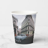 Blue Classic Vintage Car Cityscape Pappbecher (Rückseite)