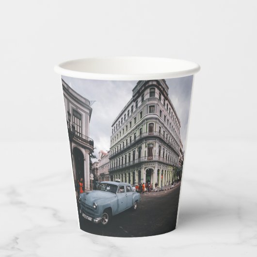 Blue Classic Vintage Car Cityscape Pappbecher (Vorderseite)