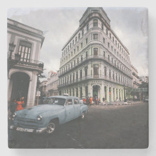 Blue Classic Vintage Car Cityscape Steinuntersetzer