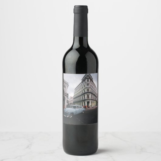 Blue Classic Vintage Car Cityscape Weinetikett (Vorderseite)