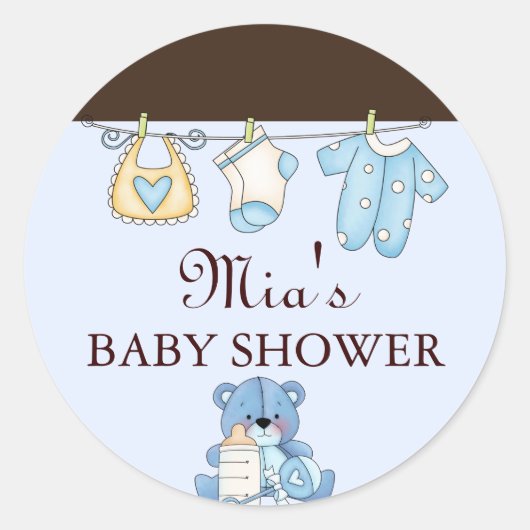 Blue Clothesline Baby Showaufkleber Runder Aufkleber (Vorderseite)