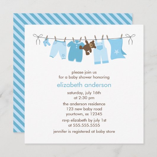 Blue Clothesline Boy Baby Dusche Einladung (Vorne/Hinten)