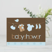 Blue Clothesline Boys Babydusche Einladung (Stehend Vorderseite)