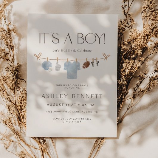 Blue Clothesline It’s a Boy Football Baby Shower Einladung