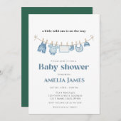 Blue ClothestLine 1 Baby Dusche Einladung (Vorne/Hinten)