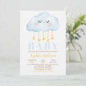 Blue Cloud Boy Baby Dusche Einladung (Stehend Vorderseite)