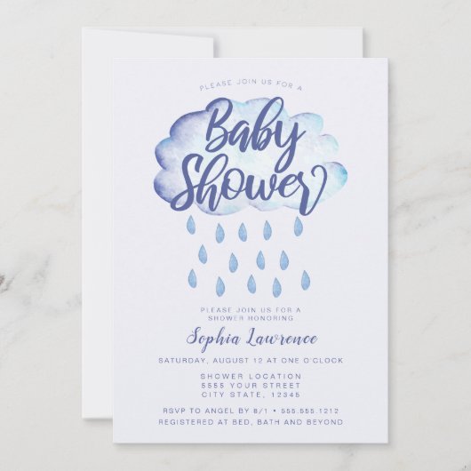 Blue Cloud und Raindrops Baby Dusche Einladung (Vorderseite)
