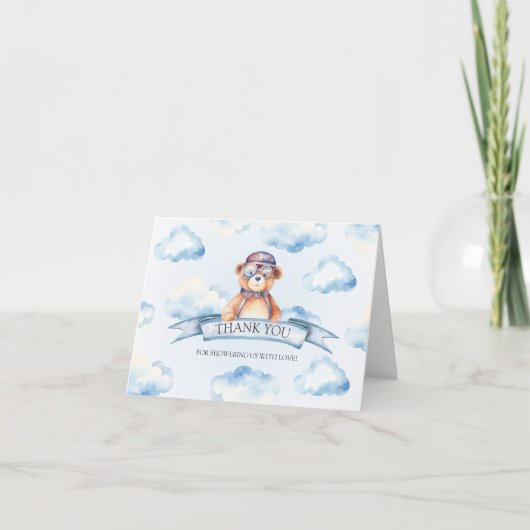 Blue Cloud Vintag Boy Bear Baby Dusche Dankeskarte (Vorderseite)