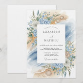 Blue Coastal Bloom Beach Wedding Einladung (Vorne/Hinten)