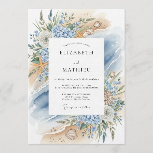 Blue Coastal Bloom Beach Wedding Einladung (Vorderseite)