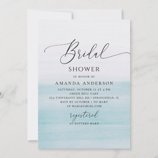 Blue Coastal Bridal Shower | Watercolor Beach Einladung (Vorderseite)
