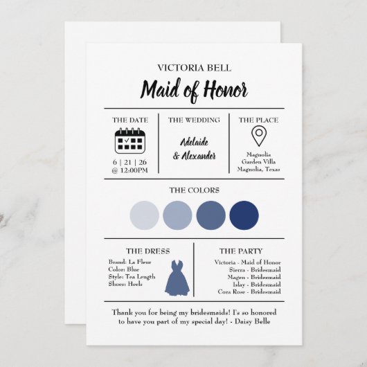 Blue Coastal Bridesmaid Information Card Einladung (Vorne/Hinten)