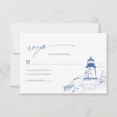 Blue Coastal Lighthouse Toile Wedding RSVP Karte (Vorderseite)