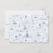 Blue Coastal Lighthouse Toile Wedding RSVP Karte (Rückseite)