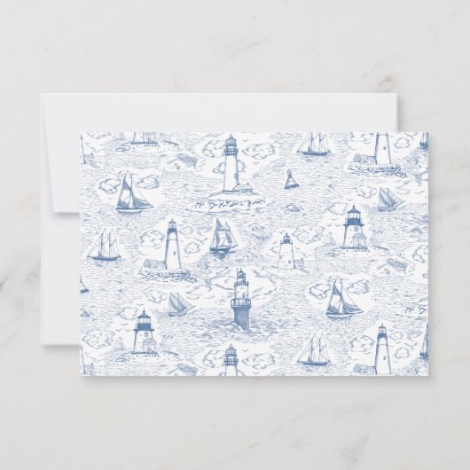 Blue Coastal Lighthouse Toile Wedding RSVP Karte (Rückseite)