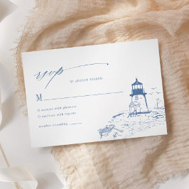 Blue Coastal Lighthouse Toile Wedding RSVP Karte