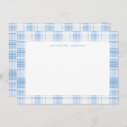 Blue Coastal Plaid Pattern Monogram Mitteilungskarte (Vorne/Hinten)