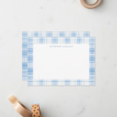 Blue Coastal Plaid Pattern Monogram Mitteilungskarte (Vorderseite/Rückseite Beispiel)