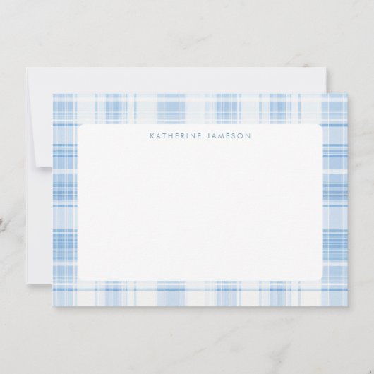 Blue Coastal Plaid Pattern Monogram Mitteilungskarte (Vorderseite)