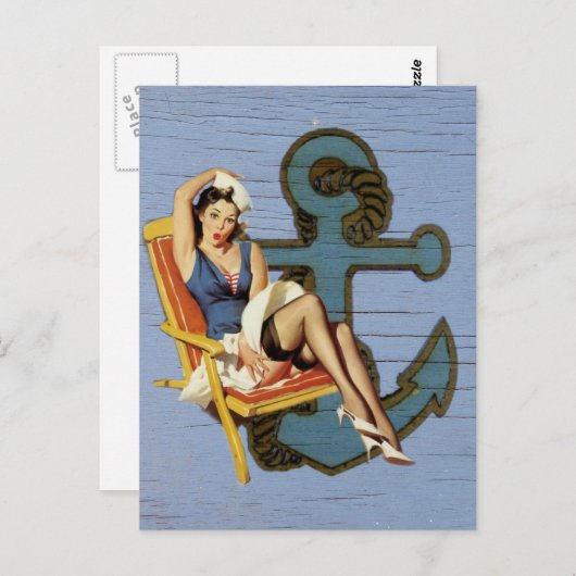 blue coastal ship and anchor pool party girl postkarte (Vorne/Hinten)