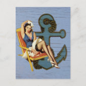 blue coastal ship and anchor pool party girl postkarte (Vorderseite)