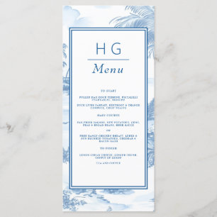Blue Coastal Toile Hochzeitsmenü Menükarte