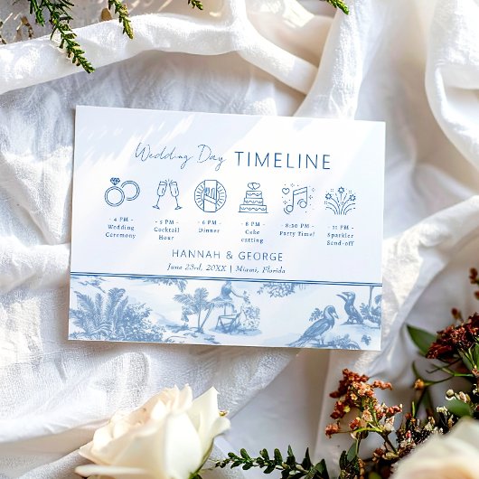 Blue Coastal Toile Hochzeitstitel Begrüßungskarte Einladung