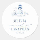 Blue Coastal Toile Lighthouse Wedding Runder Aufkleber (Vorderseite)
