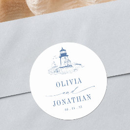 Blue Coastal Toile Lighthouse Wedding Runder Aufkleber