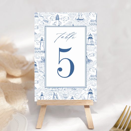 Blue Coastal Toile Lighthouse Wedding Tischnummer