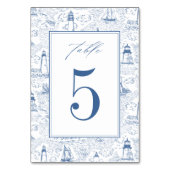 Blue Coastal Toile Lighthouse Wedding Tischnummer (Vorderseite)