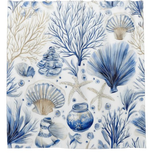 Blue Coastal Toile Seashell Coral Pattern (2) Duschvorhang (Vorderseite)