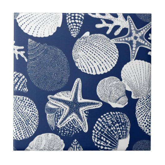 Blue Coastal Toile Seashell Coral Pattern (4) Fliese (Vorderseite)