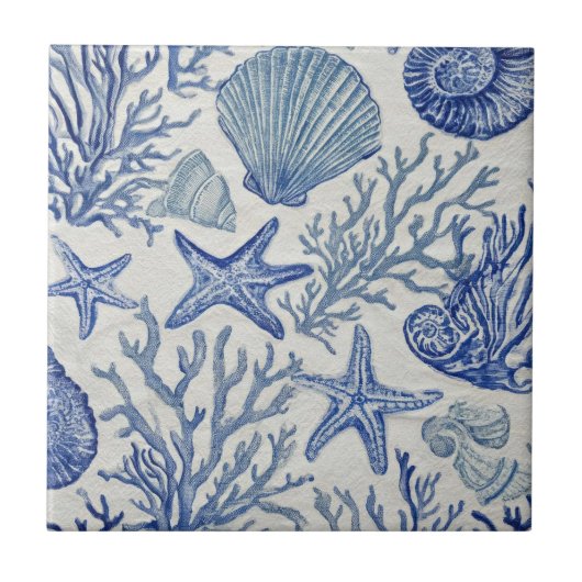Blue Coastal Toile Seashell Coral Pattern Fliese (Vorderseite)