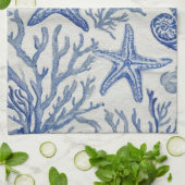 Blue Coastal Toile Seashell Coral Pattern Geschirrtuch (Gefaltet)