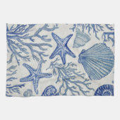 Blue Coastal Toile Seashell Coral Pattern Geschirrtuch (Horizontal)