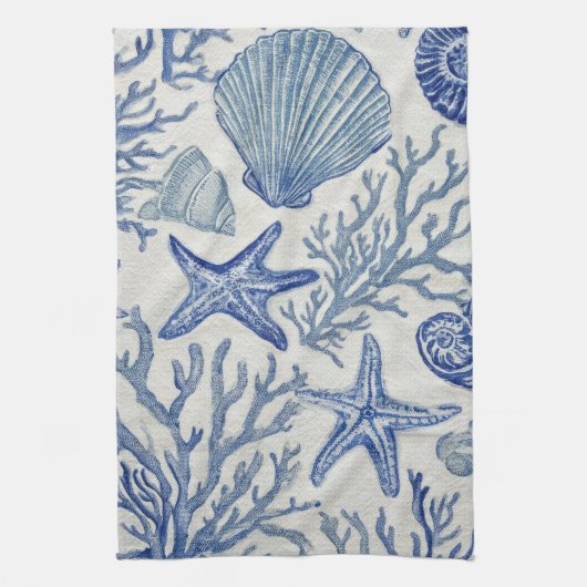 Blue Coastal Toile Seashell Coral Pattern Geschirrtuch (Vertikal)