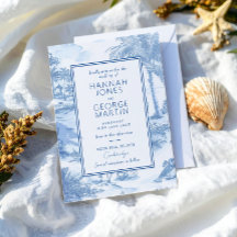 Blue Coastal Toile Wedding Card