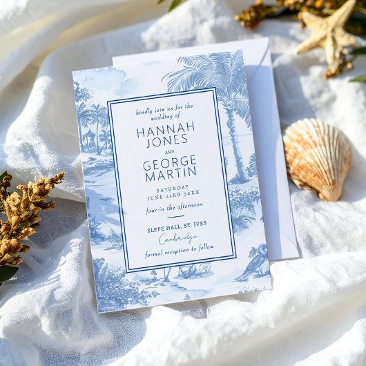 Blue Coastal Toile Wedding Card Einladung