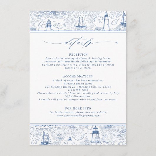 Blue Coastal Toile Wedding Details Begleitkarte (Vorderseite)