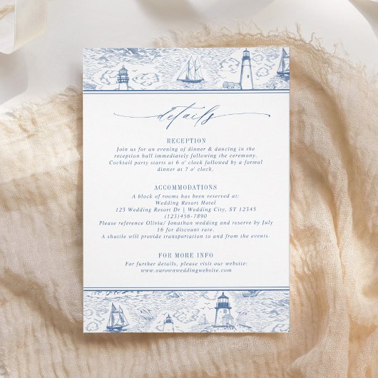 Blue Coastal Toile Wedding Details Begleitkarte